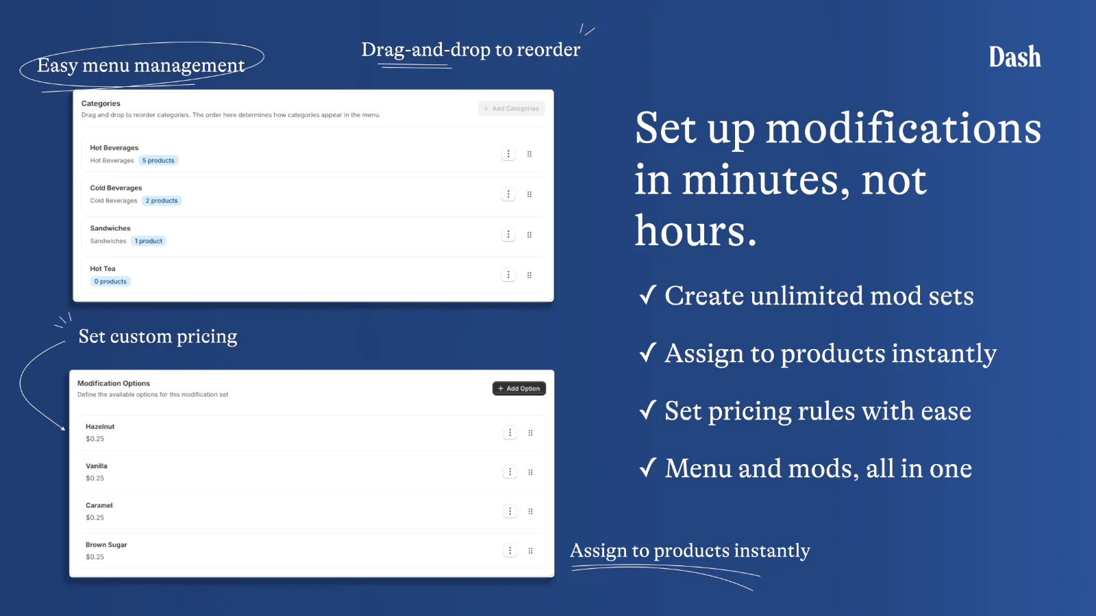 Dash menu management with drag-and-drop categories and modification options