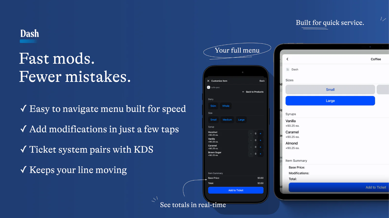 Dash POS on phone and tablet with modifier customization